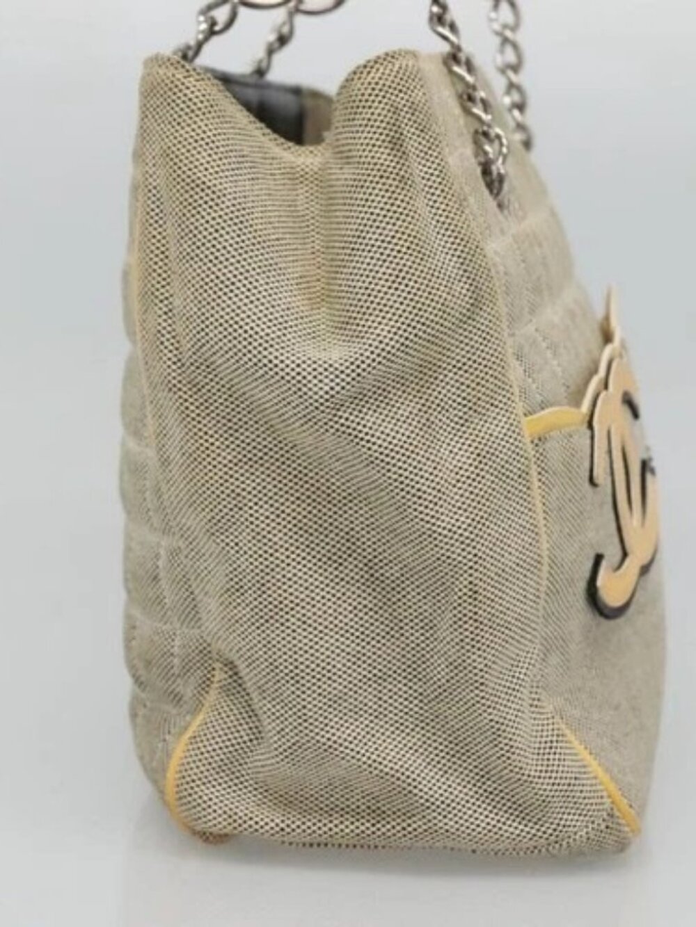 CHANEL Choco Bar Tote Bag Canvas Beige Yellow CC Auth 116301 - Picture 3 of 15